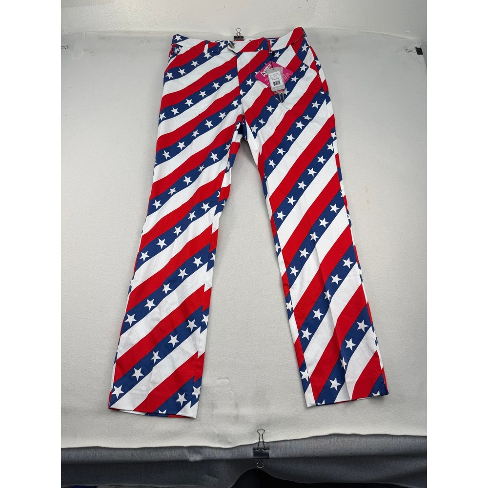 Royal & Awesome Pars and Stripes Mens Golf Trousers Red White Blue 34x32 NEW